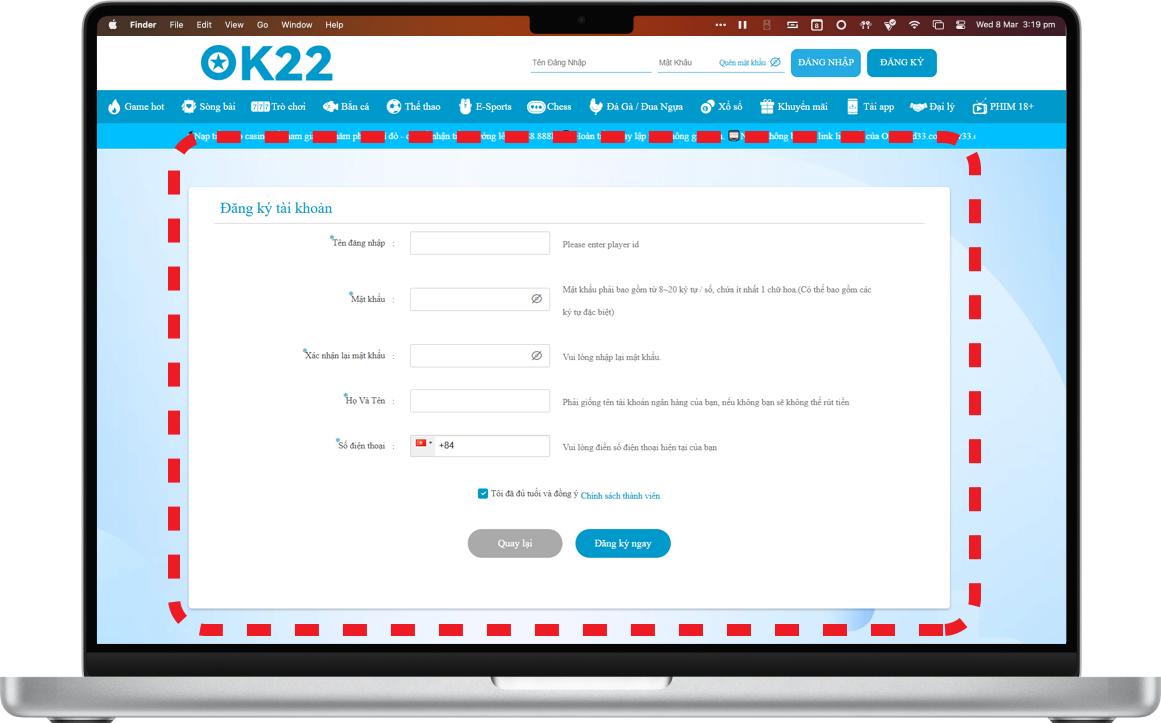 Bước 2: Điền đầy đủ các thông tin đăng ký hệ thống yêu cầu >> Ấn 