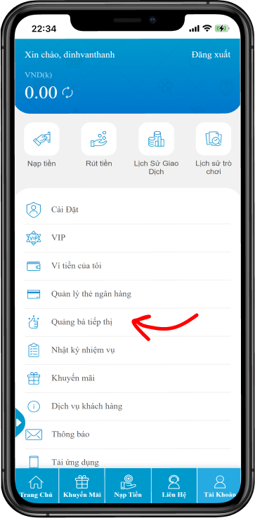 Bước 2 : Tại mục TÀI KHOẢN chọn >> GIỚI THIỆU BẠN BÈ        