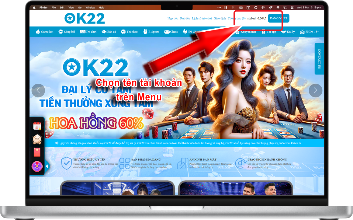 Bước 1 : Ở Trang chủ chọn Tên Đăng Nhập