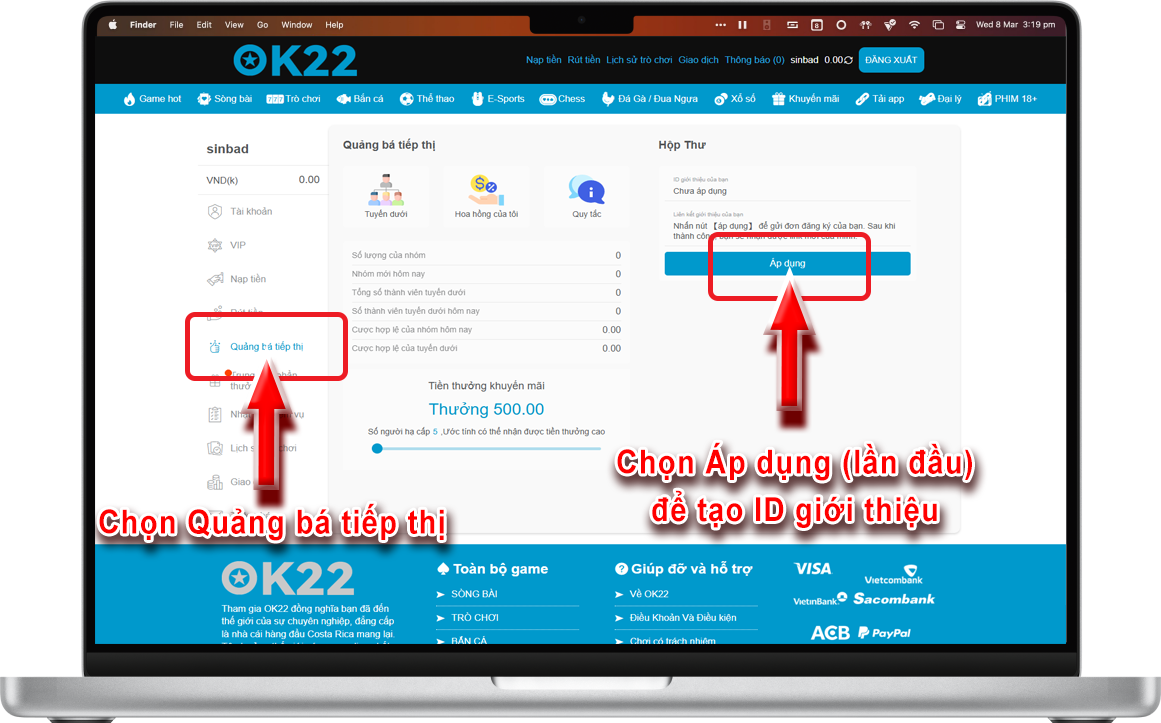 Bước 2 : Chọn giới thiệu bạn bè >> Sao chép link hoặc tải mã QR gửi cho bạn bè đăng ký