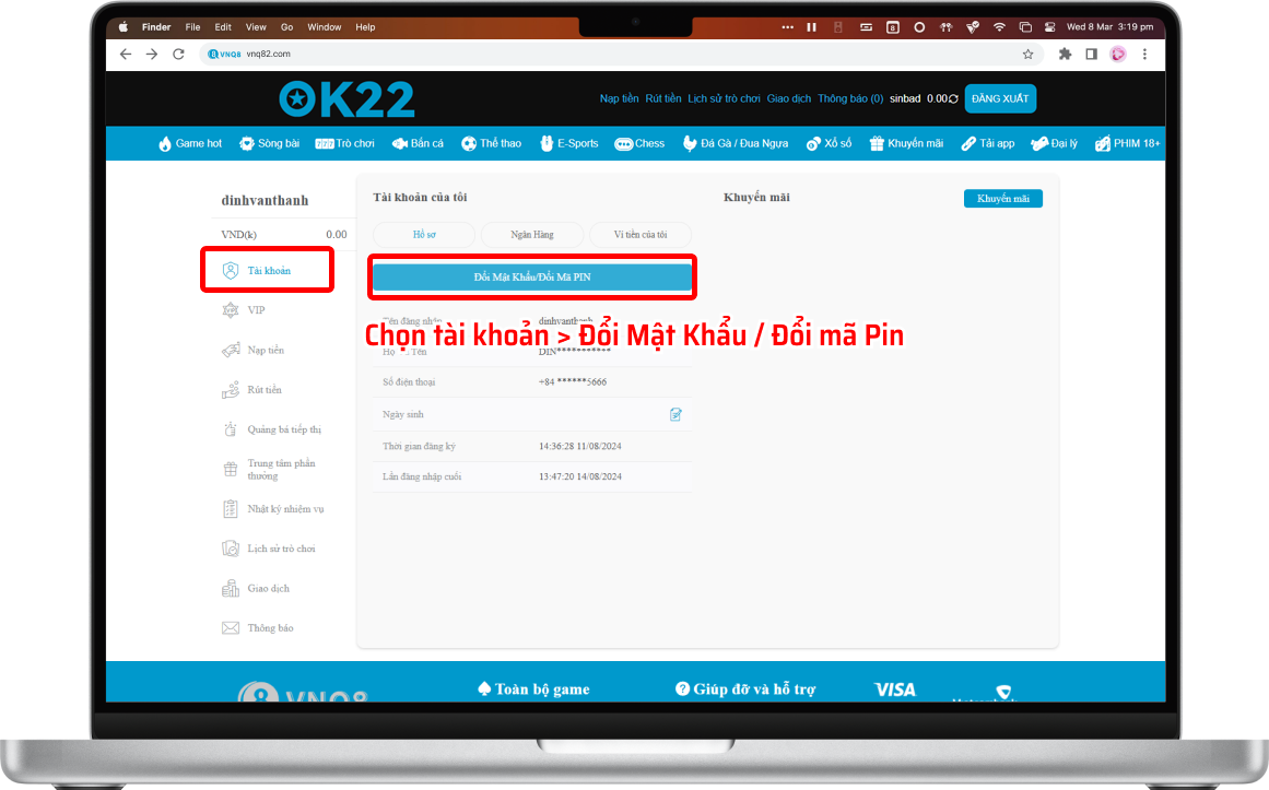 Bước 2 : Chọn Đổi MÃ PIN Rút Tiền