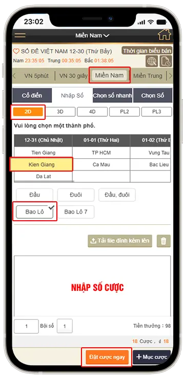 Bước 4 : Chọn lần lượt xổ số miền nào  >> Chọn cược 2 số 2D , hay 3 số 3D... >> Chọn thành phố muốn tham gia cược  >> Chọn loại cược Đề đặc biêt , Bao lô...>> Chọn nhập số cược, điểm cược >> Đặt cược ngay là hoàn thành