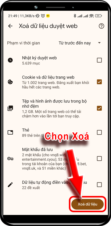 Bước 5 : Chọn Xóa Dữ Liệu