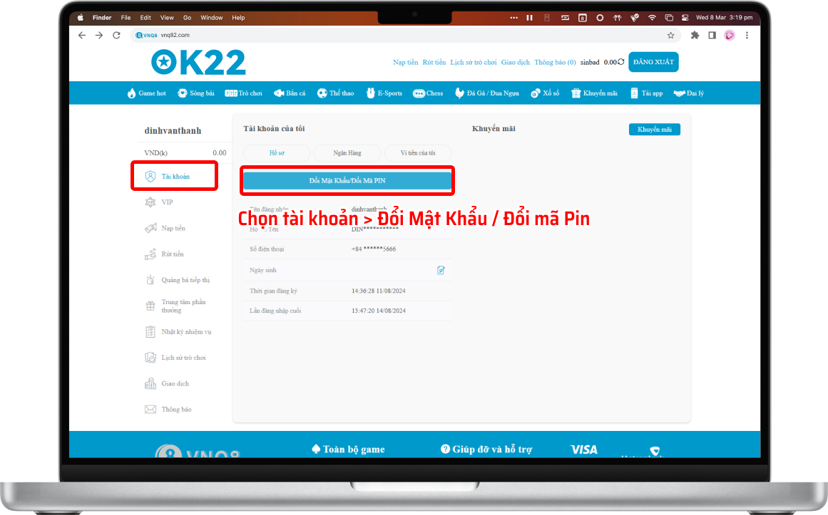 Bước 2 : Chọn Đổi Mật Khẩu Đăng Nhập