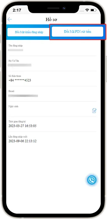 Bước 3 : Chọn Đổi Mã PIN Rút Tiền