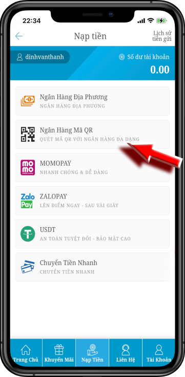 Bước 2: Chọn mục 'NẠP QUÉT QR'