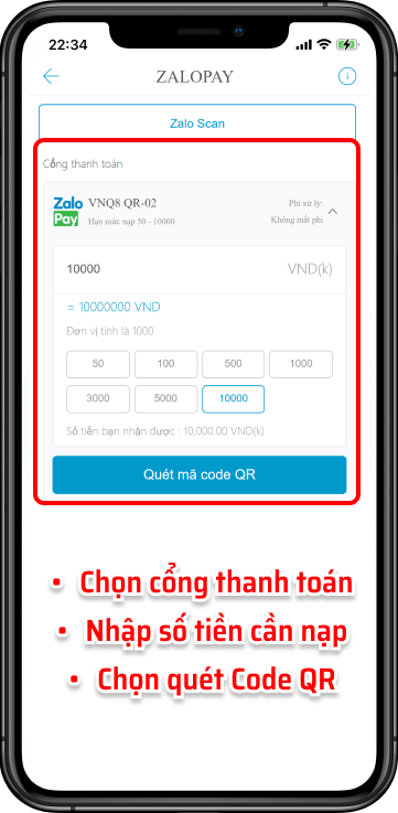 Bước 3: Chọn số tiền muốn nạp, lưu ý 1 điểm = 1,000VND.