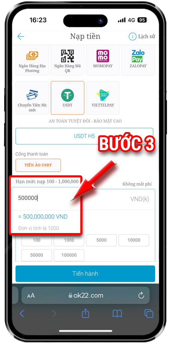 Bước 3: Chọn số tiền cần nạp, lưu ý 1 điểm = 1,000VND.